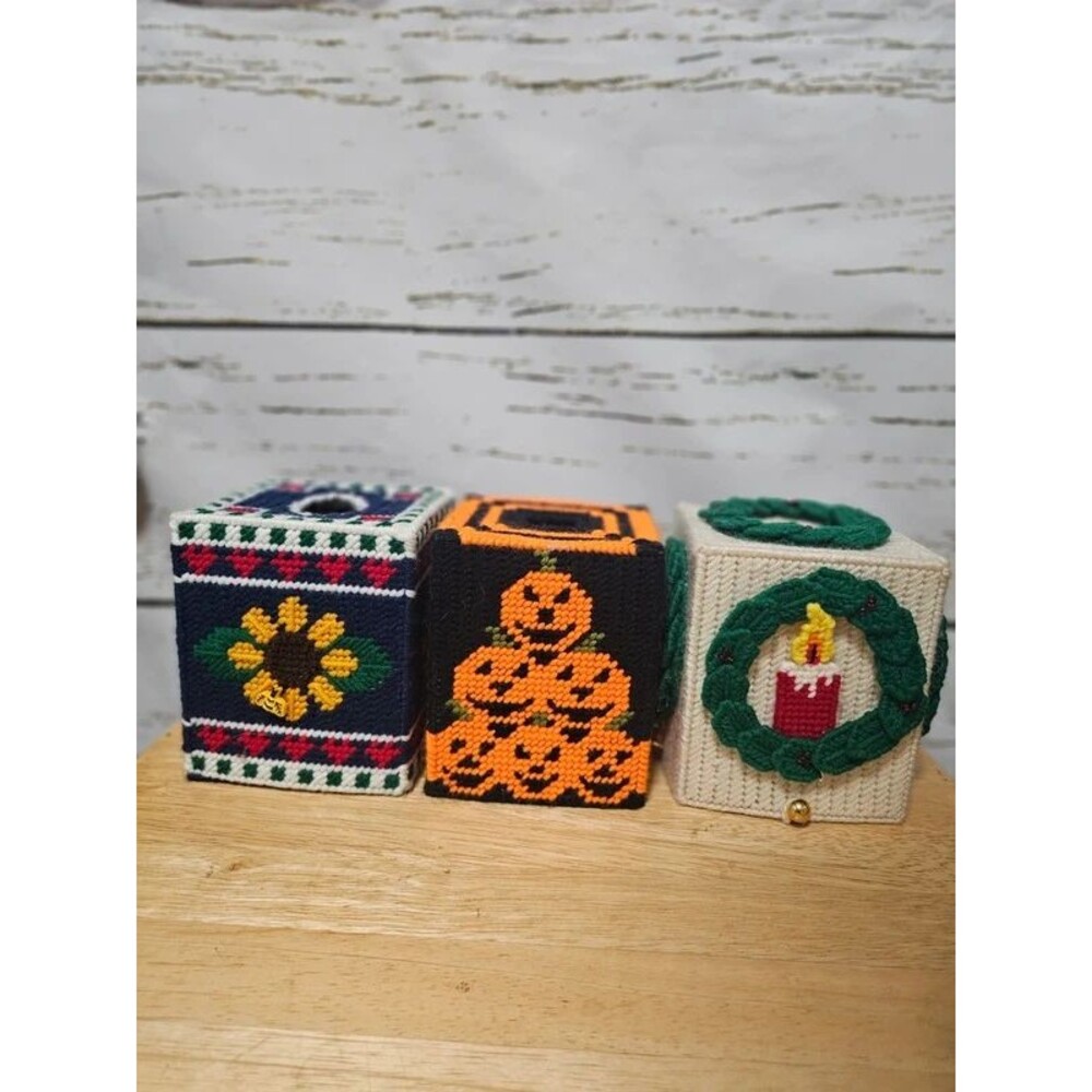 Vintage Needlepoint Tissue Box Covers Set of 3 Halloween Christmas Sunflower